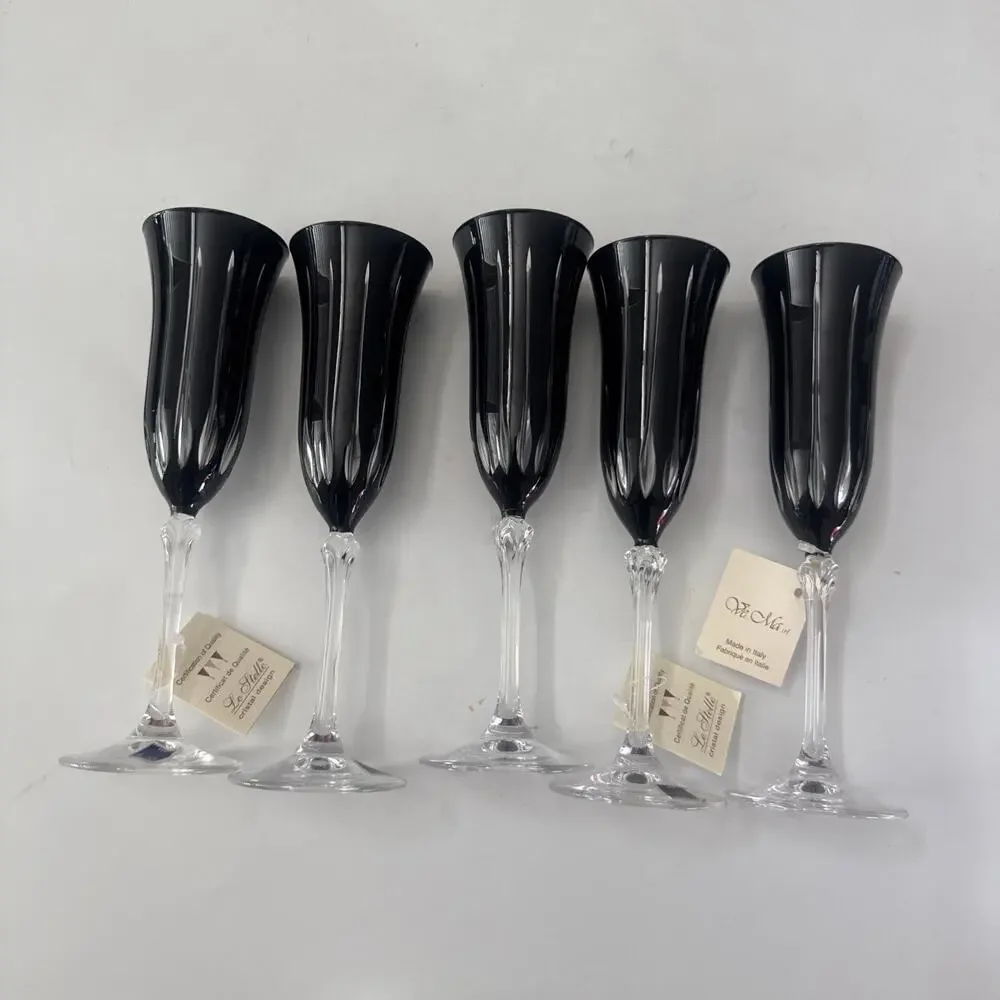 Set of 5 Le Stelle Cristal Design Black Glasses Champagne Flutes Cut to Clear - Picture 3 of 12